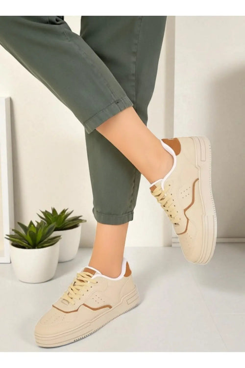 Kadın Krem Kahverengi Sneaker Spor Ayakkabı